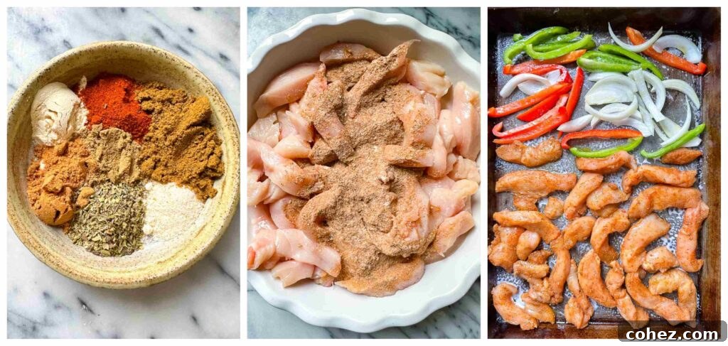 Step-by-step process shots showing the fajita spices, sliced chicken and peppers, and the completed fajita assembly, illustrating the ease of preparation.