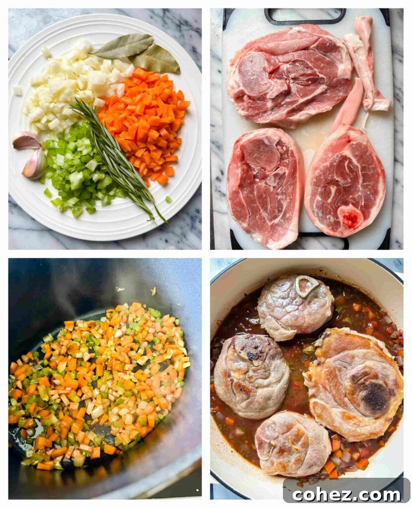 Process shots showing ingredients for pork osso buco being prepared: browning meat, sautéing vegetables, deglazing with wine, and simmering in the pot.