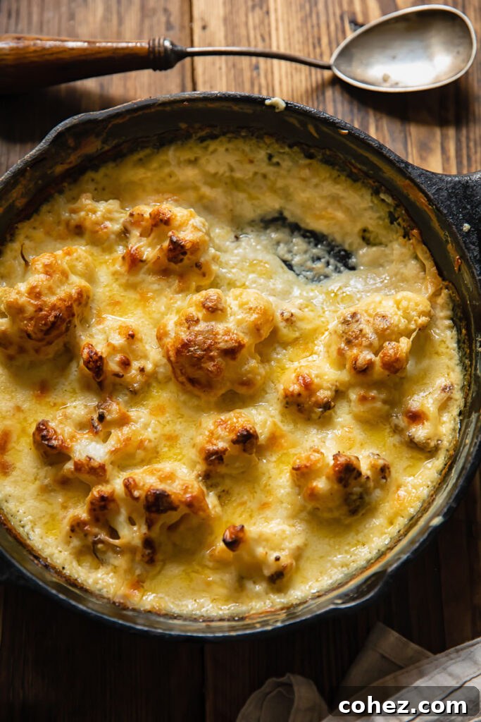 Close up shot of golden brown cauliflower florets in a pan with creamy Mornay sauce, ready for baking.