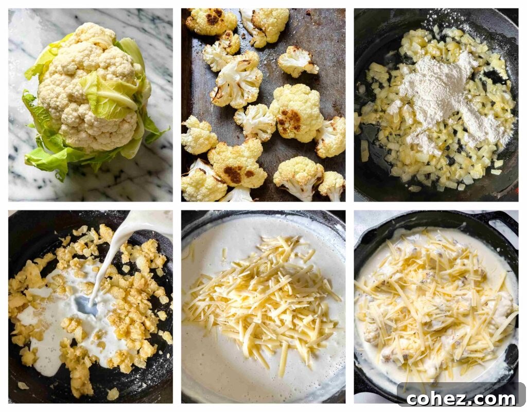 Process shots of a chef cutting cauliflower into florets and preparing the Mornay sauce ingredients.
