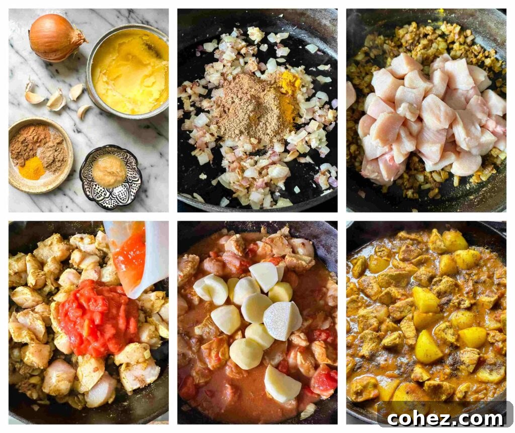 A collage of process shots showing the step-by-step preparation of chicken curry with potatoes in a pan.