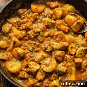 Top down view of chicken curry in a pan with potatoes