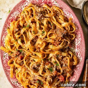 Plate of pasta with vegetarian mushroom bolognese