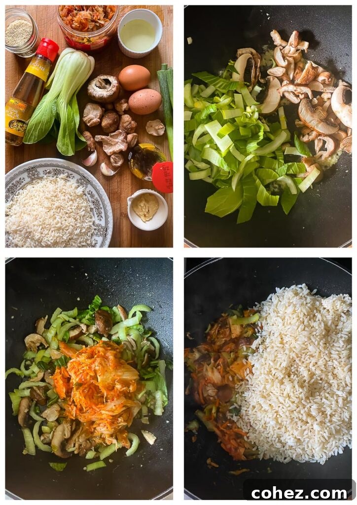 Process shots demonstrating the stages of cooking Kimchi Fried Rice in a wok, from sautéing aromatics to adding vegetables and rice.