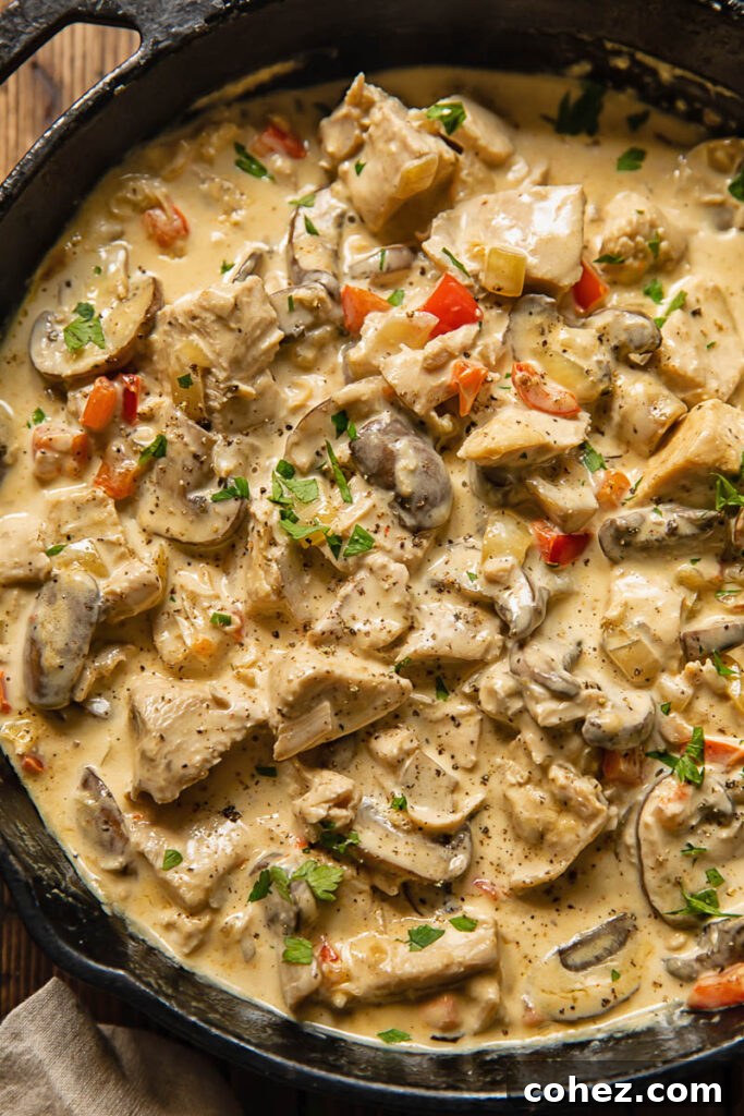 Top down view of tukey a la king in a pan with fresh parsley
