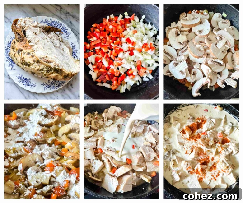 Process shots of leftover tukey and fresh veg being prepared for turkey a la king