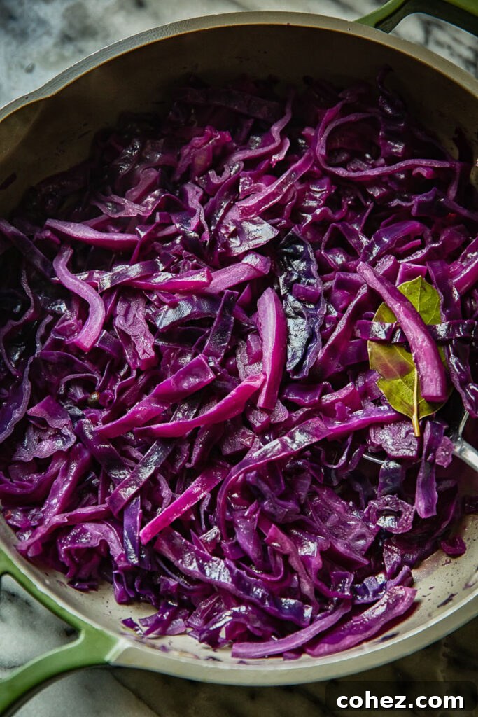 Close up view of braised red cabbage being cooked in a large pan
