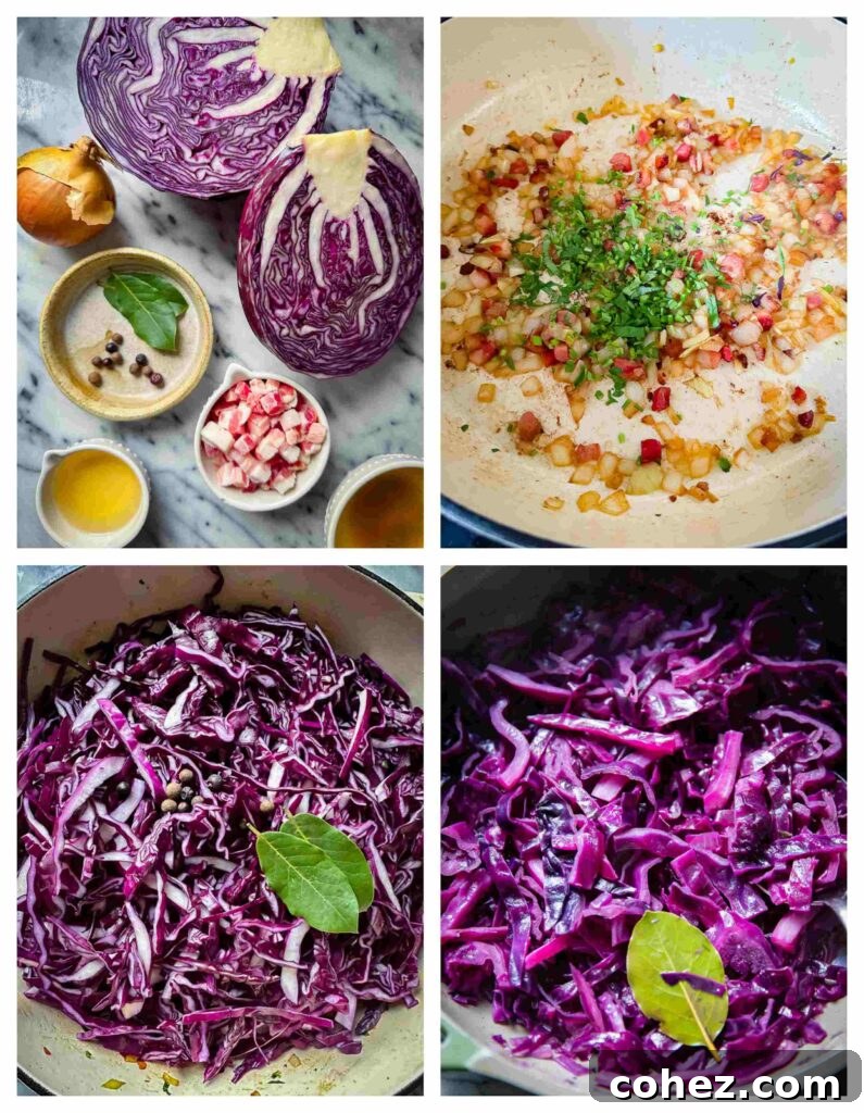 Process shots of raw ingredients being cut and cooked together for the braised red cabbage