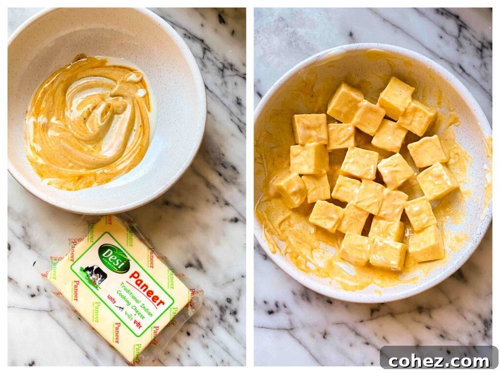 Smoky Indian Cheese Curry 4 Bowl of yoghurt mixed with curry paste and second photo with paneer cubes added in