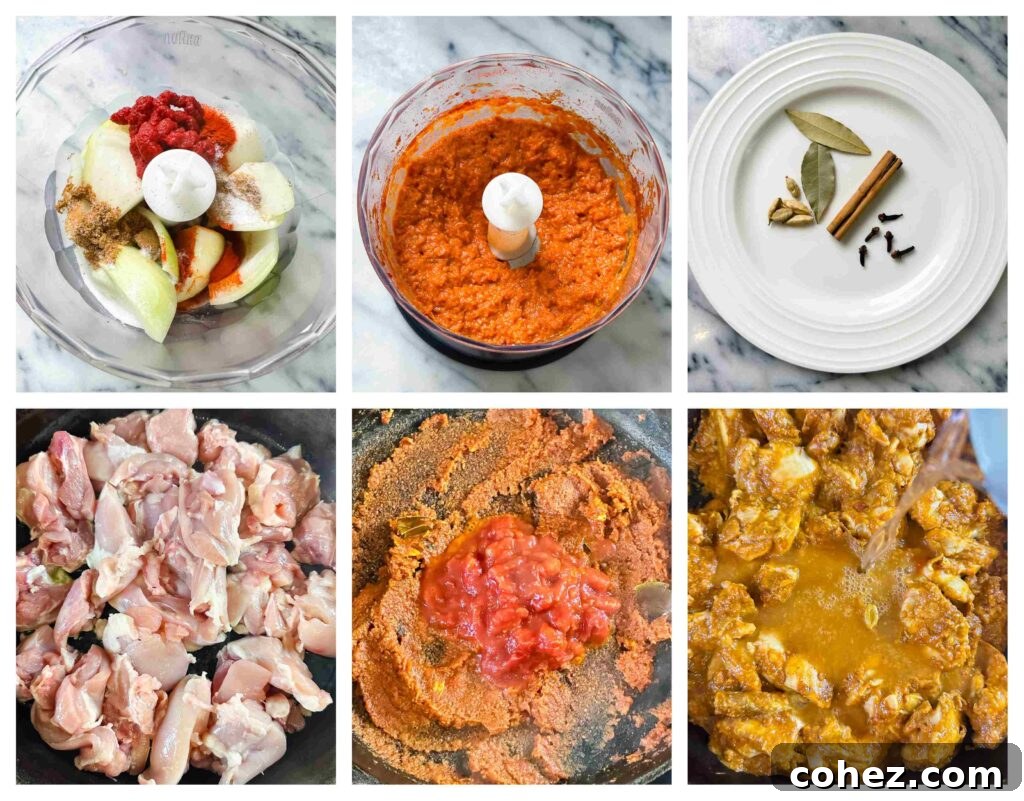 Six step-by-step process shots illustrating the preparation of homemade chicken Rogan Josh, from sautéing spices to simmering the curry
