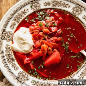 bowl of vegetarian borscht with sour cream