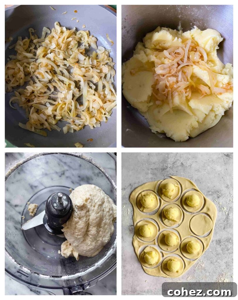 Four sequential images showing the process of making pierogi dough and filling.