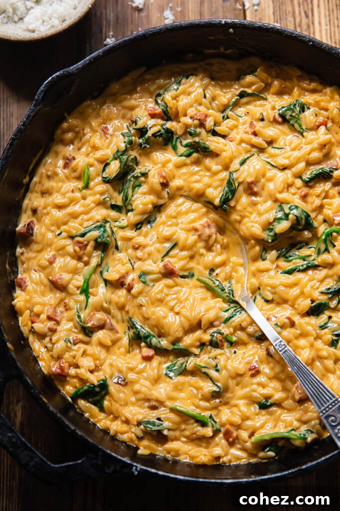 Top down shot of spoon scooping orzo with chorizo and spinach out of a pan