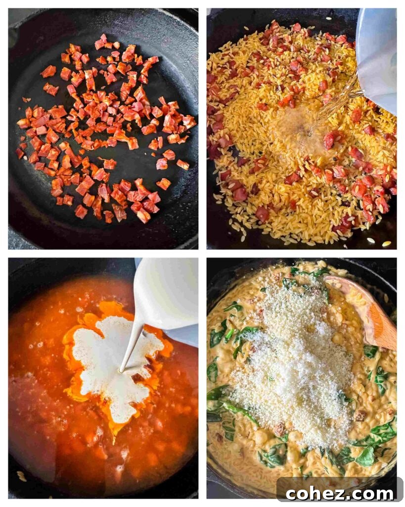 Process shots of chorizo and creamy sauce being cooked and added to orzo