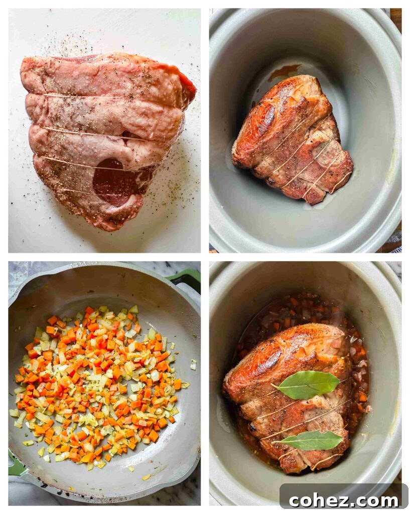 Fall Apart Slow Cooker Roast 5 Process shots of beef being prepared, seasoned, seared, and added to the slow cooker with vegetables and liquid