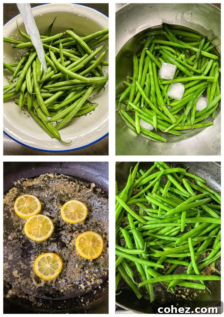 Process shots showing green beans cooking, cooling in ice water, lemons on a frying pan, and all combined ingredients.