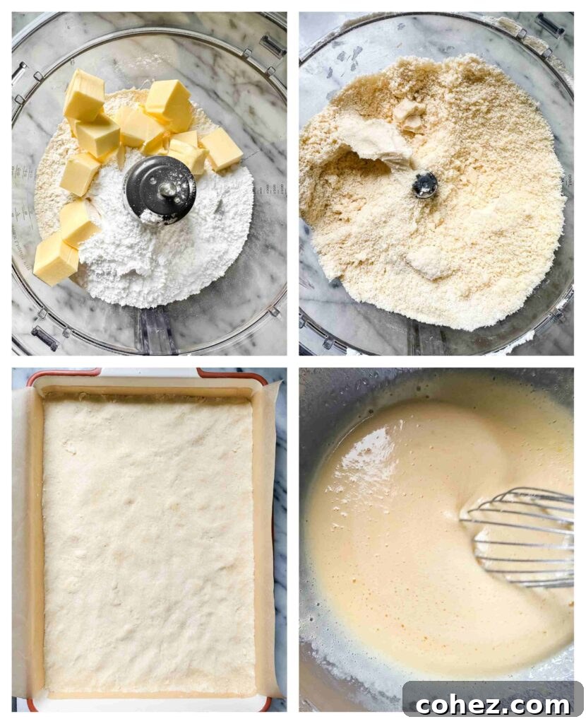 Zesty Lemon Squares 5 Process shot showing the unbaked lemon bar base in a baking pan, with the liquid lemon curd mixture being poured over it, ready for baking.