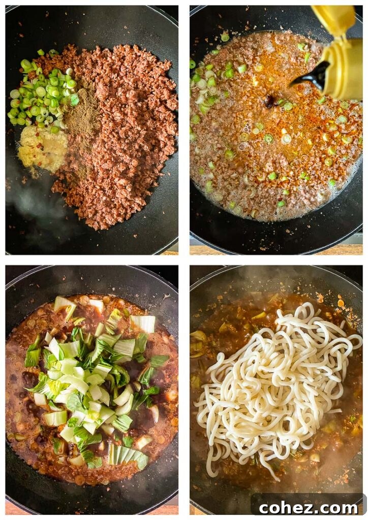 Process shots showing the stages of cooking vegan Dan Dan Noodles in a wok.