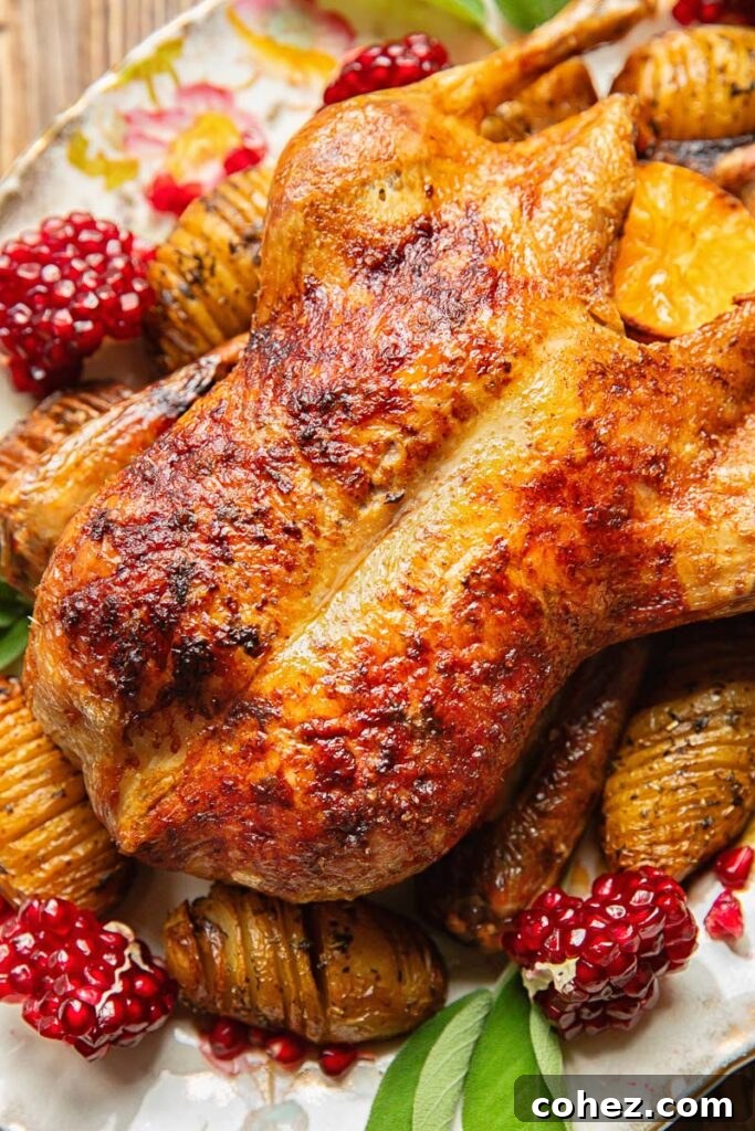 Regal Roast Duck with Port Cranberry Glaze 2 Close up shot of roasted duck on a platter with cranberries and potatoes