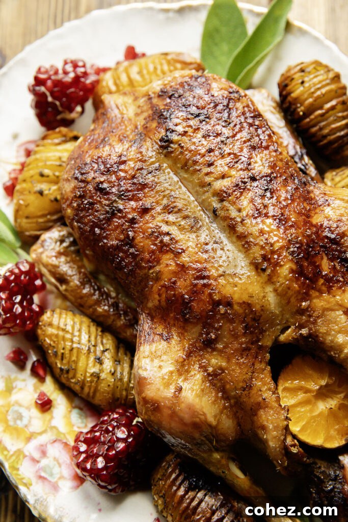 Regal Roast Duck with Port Cranberry Glaze 5 Close up shot of whole roast duck on a platter with potatoes