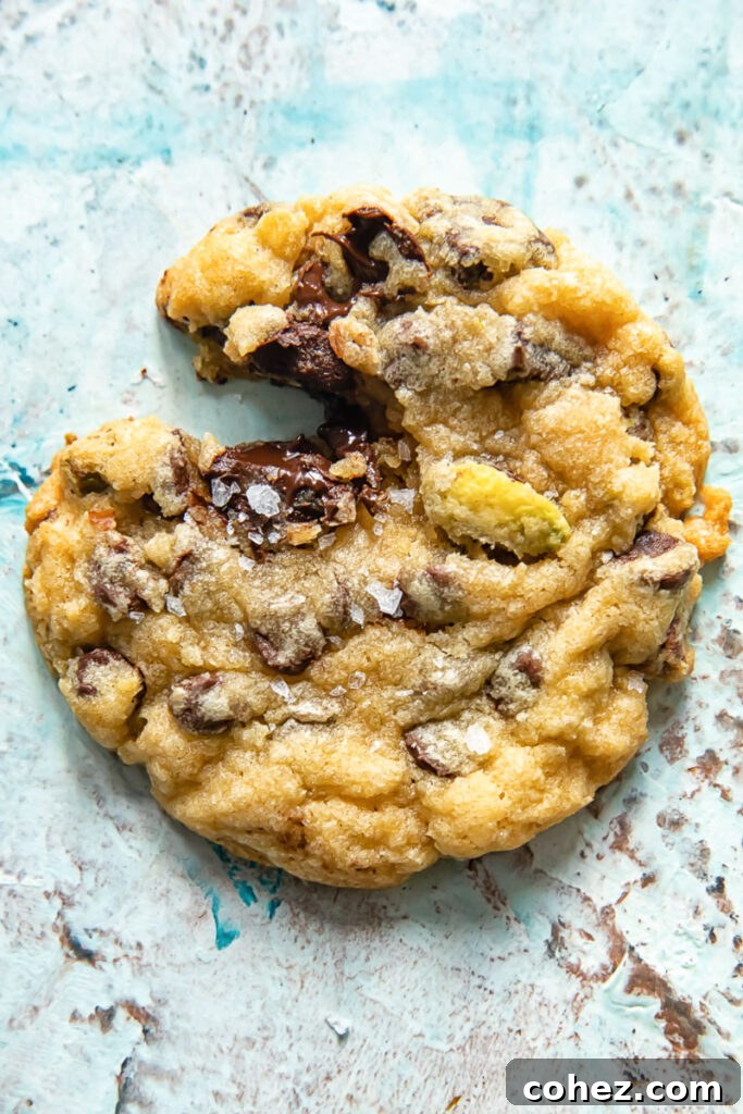 Close up shot of a chocolate chip cookie with a bite taken out, revealing its soft interior and melted chocolate