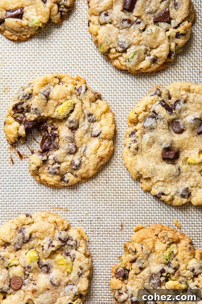 Top down view of six cookies next to each other on a baking sheet, golden and perfectly round