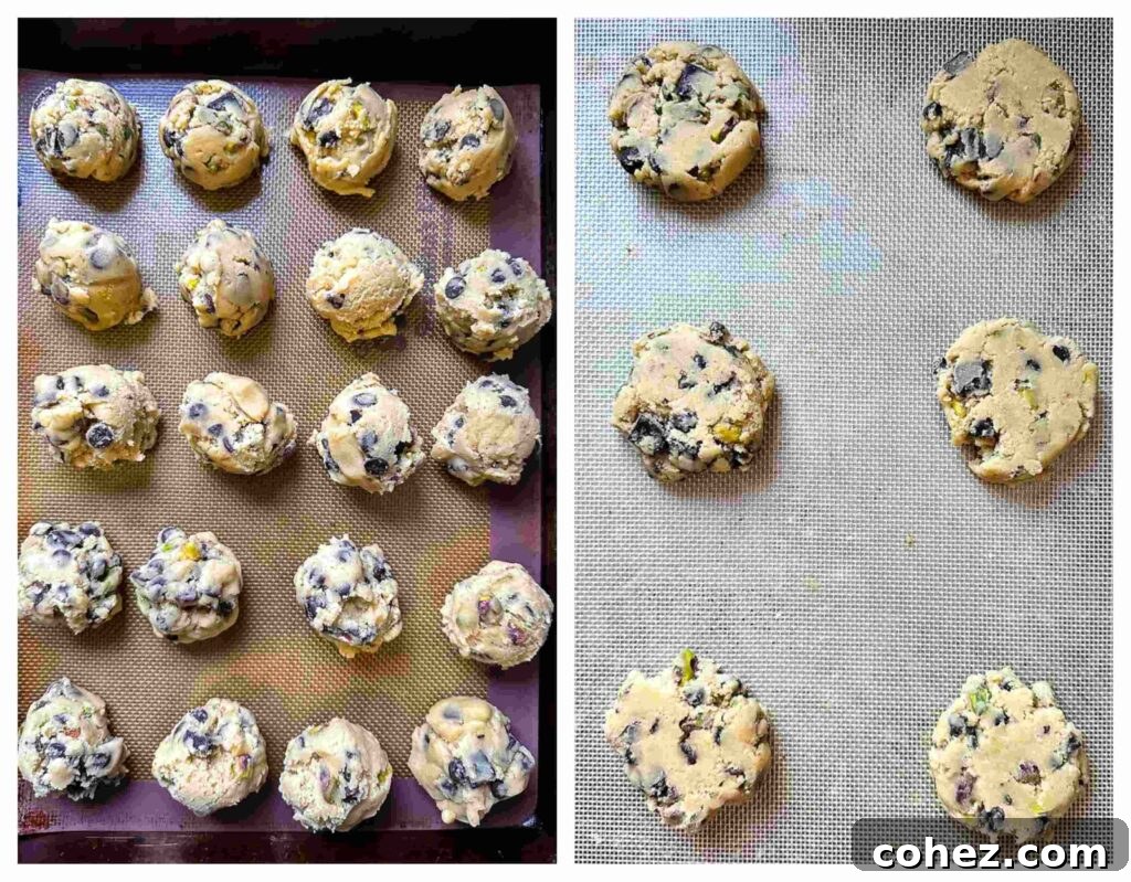 Process shots of the cookie dough being spread out on a baking sheet before baking