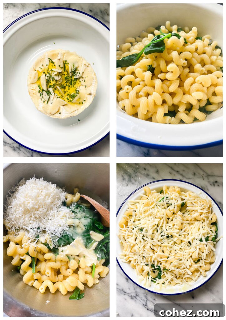 Process shots of making brie mac and cheese