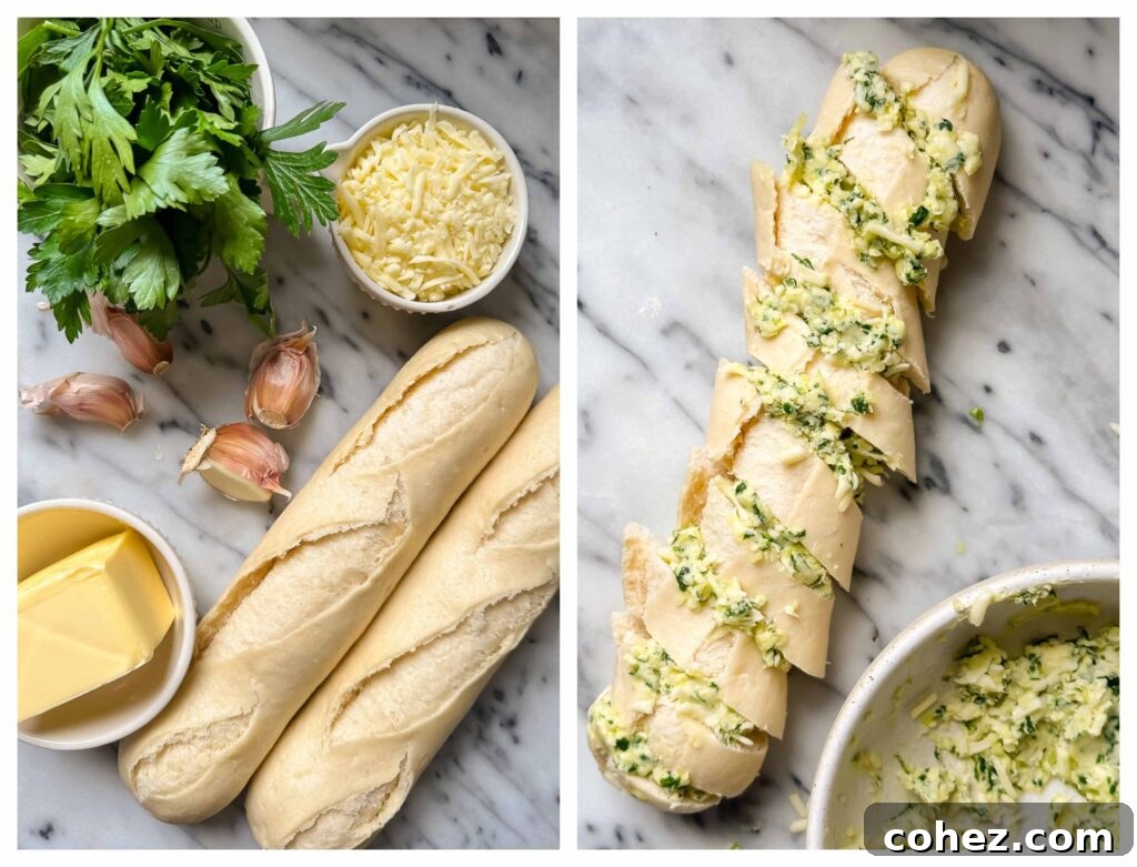 Process shots showing an unbaked baguette with slits and a bowl of garlic butter being prepared.