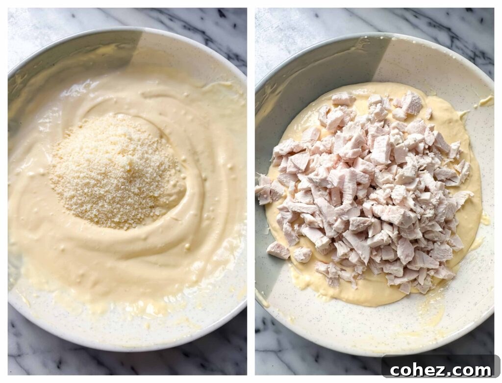 Process shots of chicken Caesar topping being mixed togther