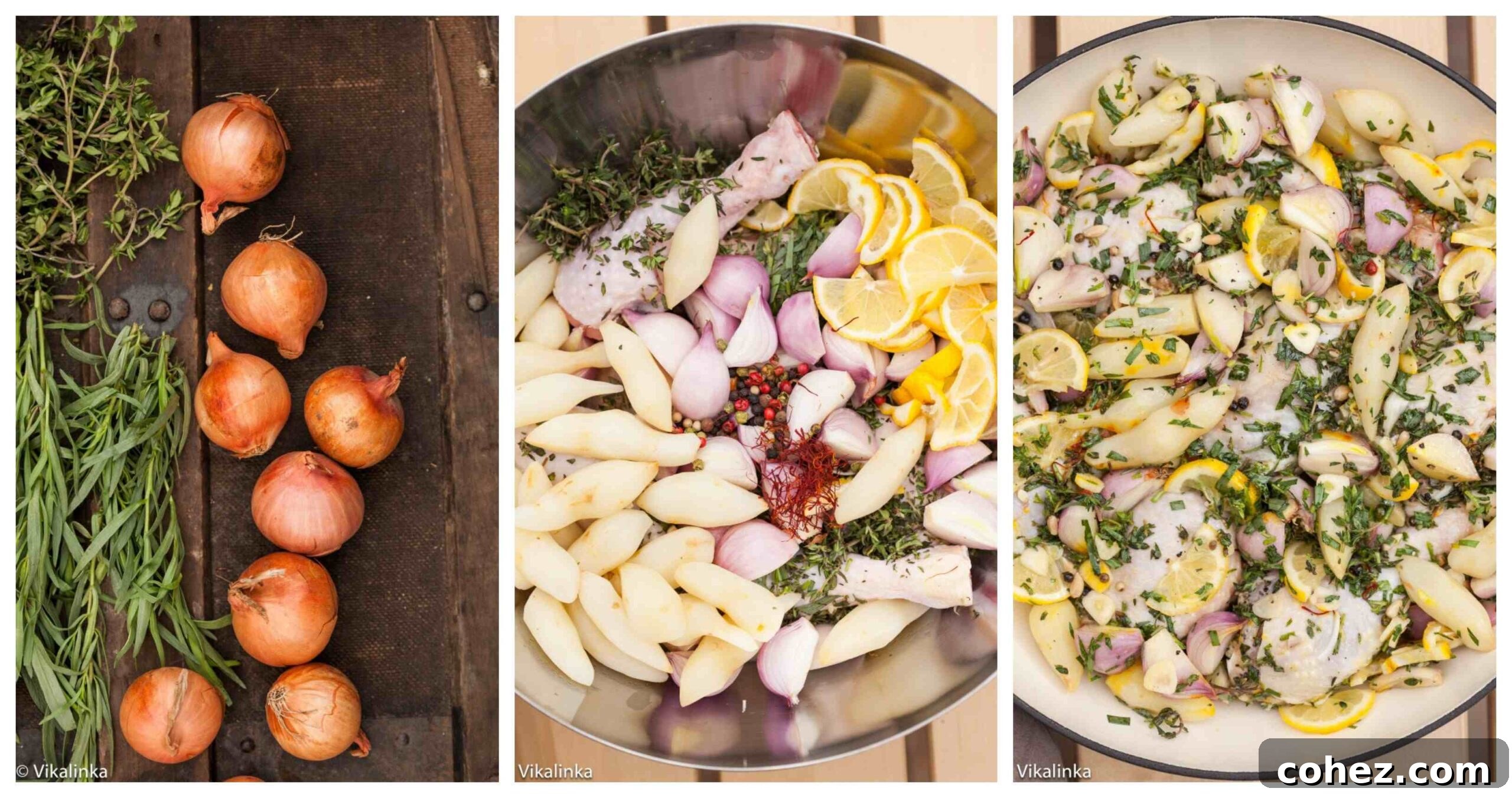Lemon and Sunchoke Roast Chicken 2 Step-by-step images showing the preparation of roast chicken with Jerusalem artichokes
