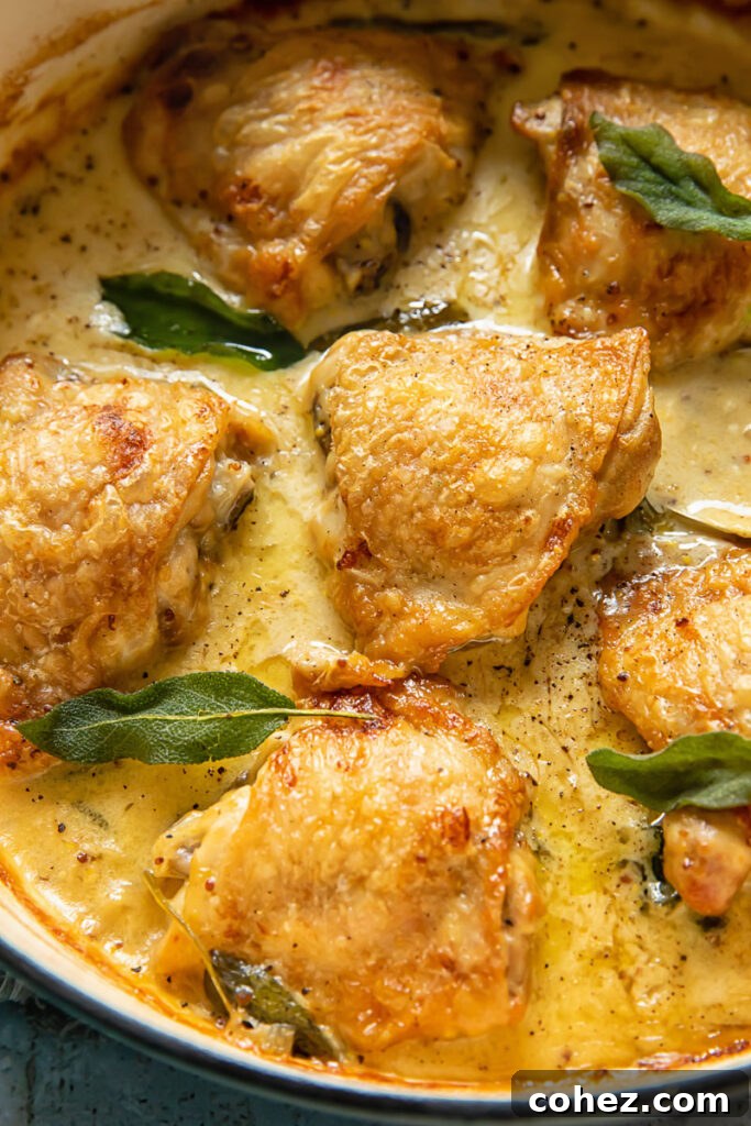 Close-up shot of a single braised chicken thigh perfectly nestled in creamy sage sauce within a cast-iron pot, garnished with fresh sage leaves, ready to be served.
