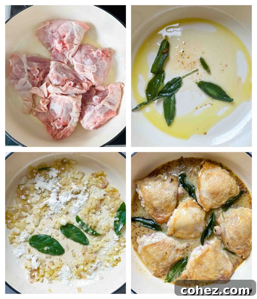 Process shots showing various key stages of preparing Braised Chicken in Creamy Sage Sauce, from browning chicken, sautéing aromatics, to simmering the final dish.