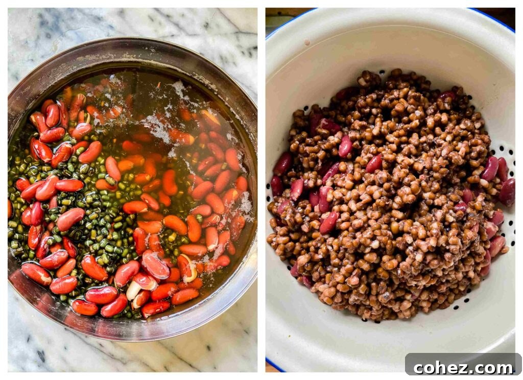Two side-by-side process shots illustrating the transformation of lentils and kidney beans: raw and soaking in water on the left, and cooked and drained in a colander on the right.