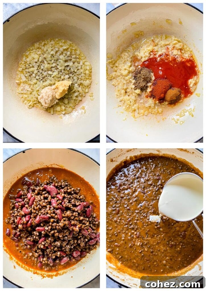 Process shot showing chopped onions, ginger, garlic, and spices being added to a frying pan with melted butter, beginning the Dal Makhani cooking process.