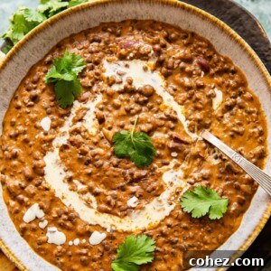 A bowl of creamy Dal Makhani garnished with fresh cilantro, a spoon rests in the dish, highlighting its rich texture.