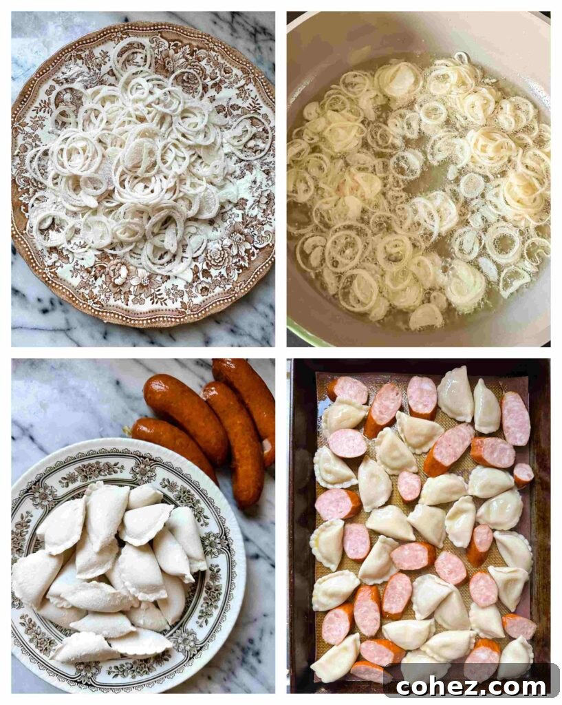 Process shots of onions being prepared and pierogies and kielbasa spread on a baking tray