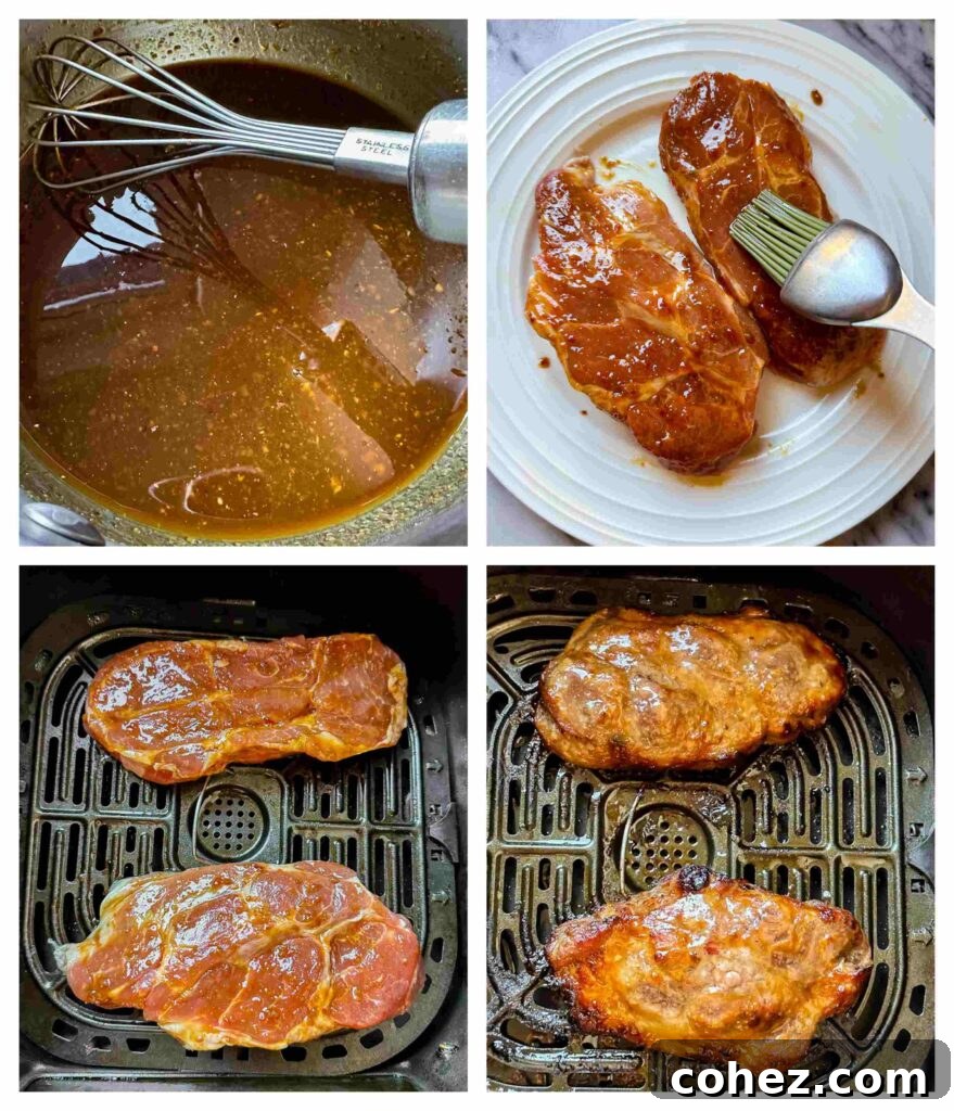 Process shots of the boneless pork chops being glazed and put into an air fryer