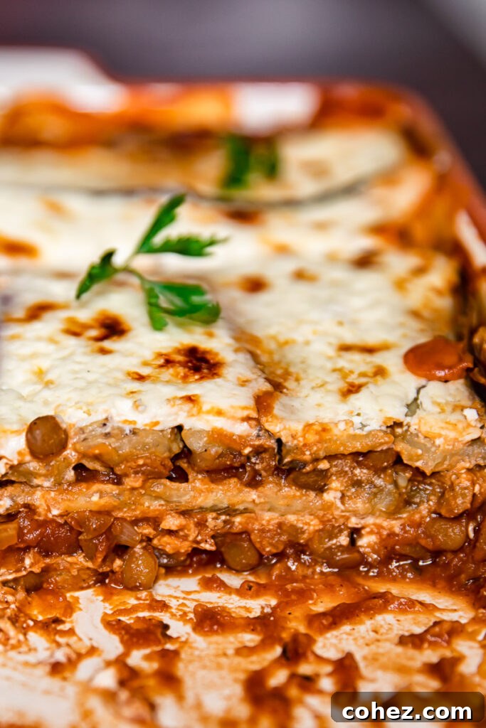 Plant-Powered Moussaka 3 Side view of moussaka in a baking dish