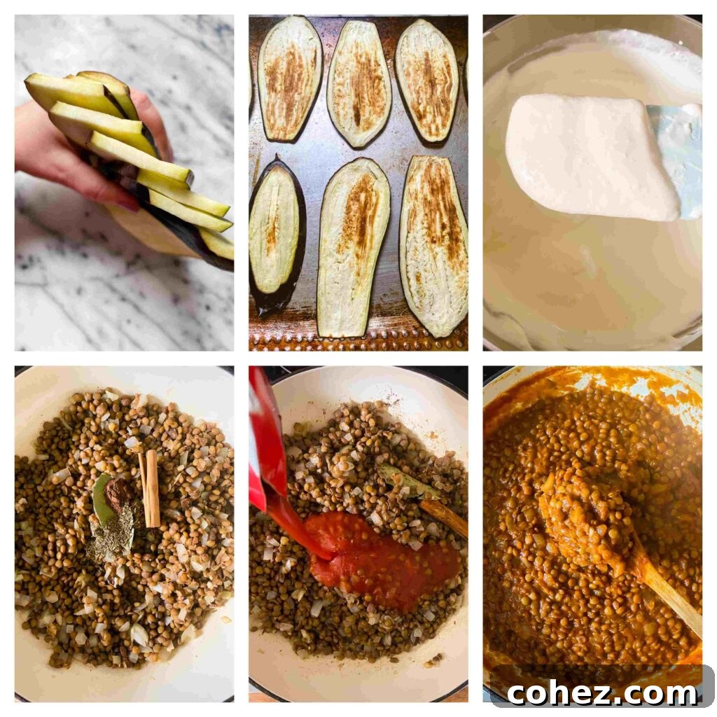 Plant-Powered Moussaka 4 Process shots showing the cooking of the eggplants and lentils