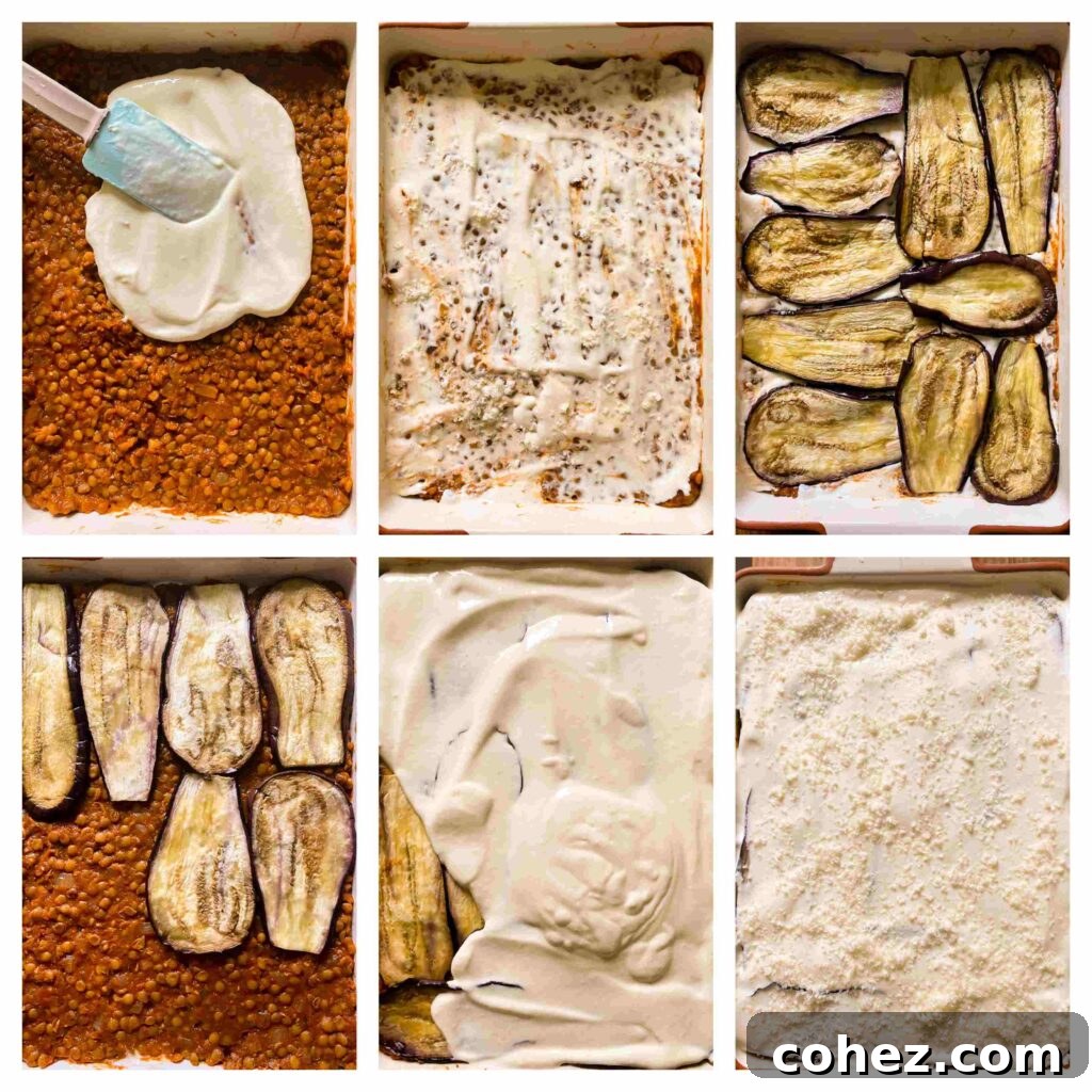 Process shots showing the assembly of the vegetarian moussaka