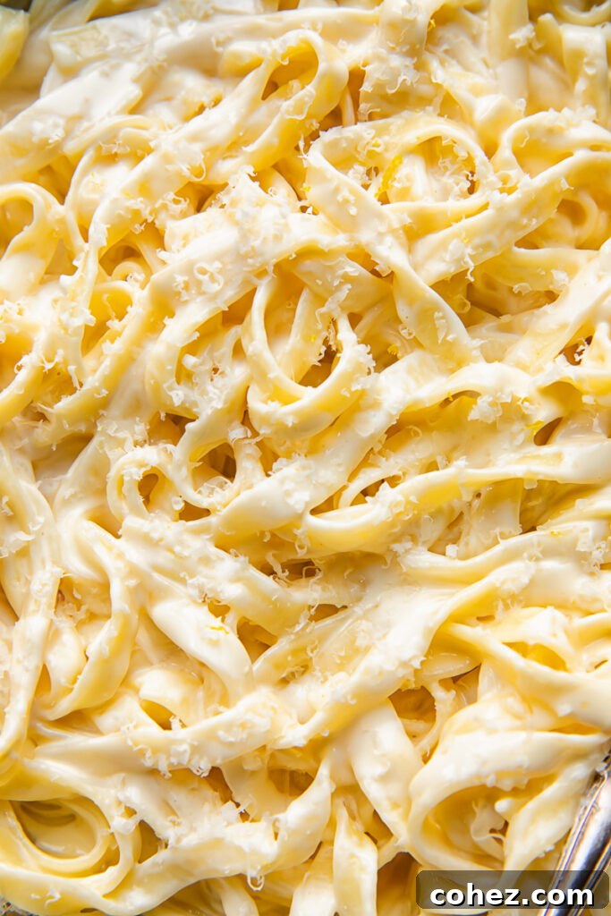 Close up shot of fettucine pasta in creamy alfredo sauce