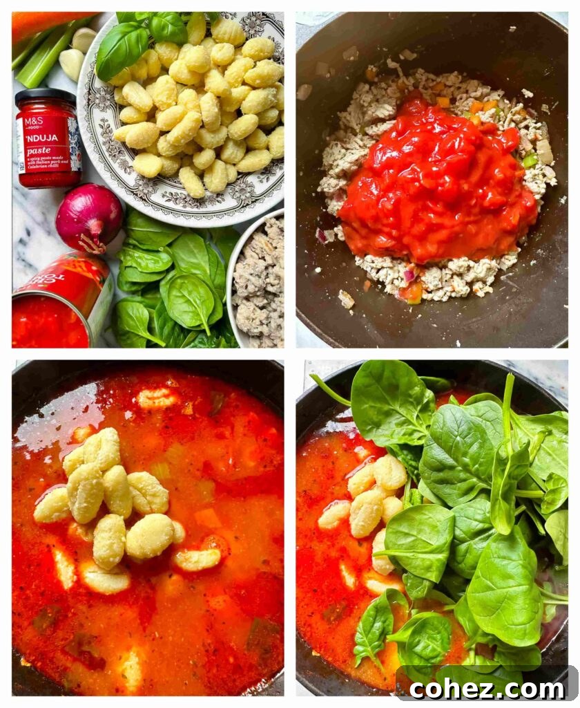 Four process shots showing the steps of making sausage gnocchi soup in a large pot on the stove.