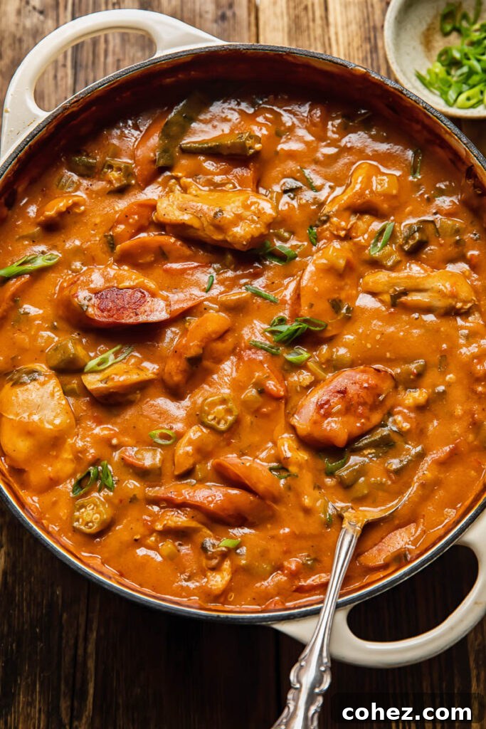 Chicken and sausage gumbo in a large pot with okra peppers and celery