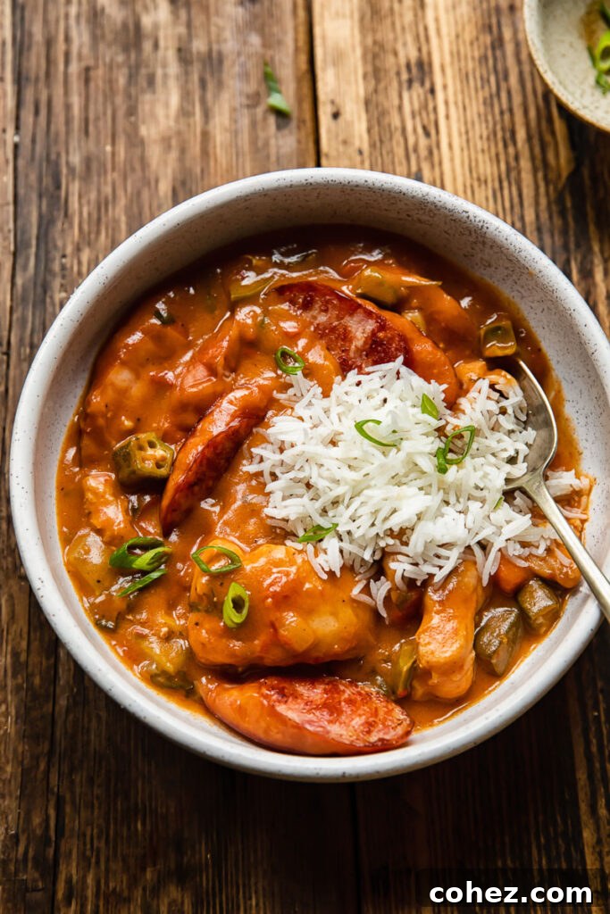 Top down shot of chicken and sausage gumbo in a bowl with a spoon topped with green onions