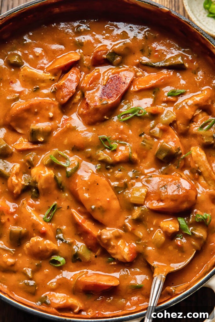 Close up shot of chicken and sausage gumbo in a pot with okra and greens topped with chives