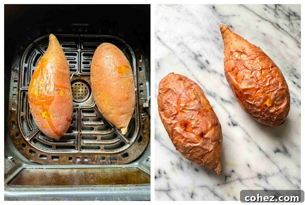 Process shots of sweet potato being put into air fryer and coming out baked