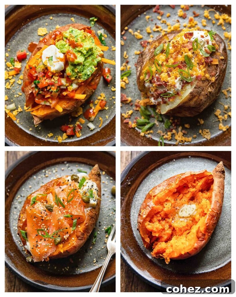 A collage showcasing three different gourmet baked potato toppings: smoky salmon, vibrant Tex-Mex, and classic bacon and cheese.