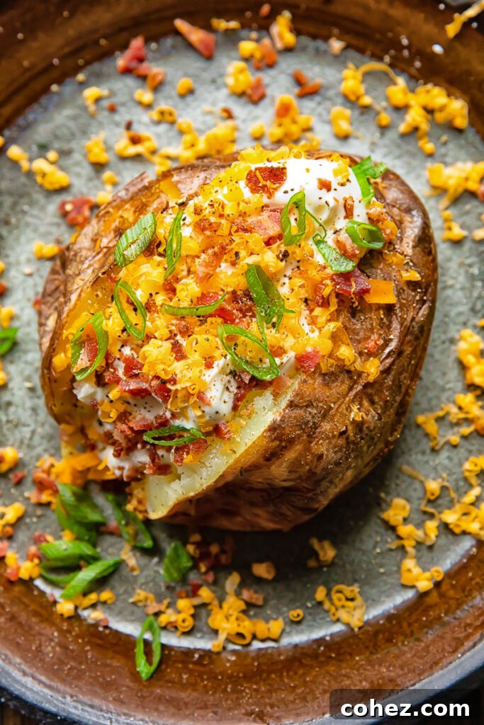 Top-down shot of a baked potato, perfectly sliced open and generously topped with creamy sour cream, crispy bacon bits, melted cheese, and fresh green onions, presenting a classic yet gourmet delight.
