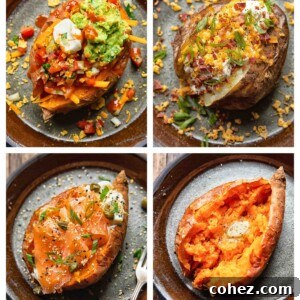 collage of baked potatoes with different toppings